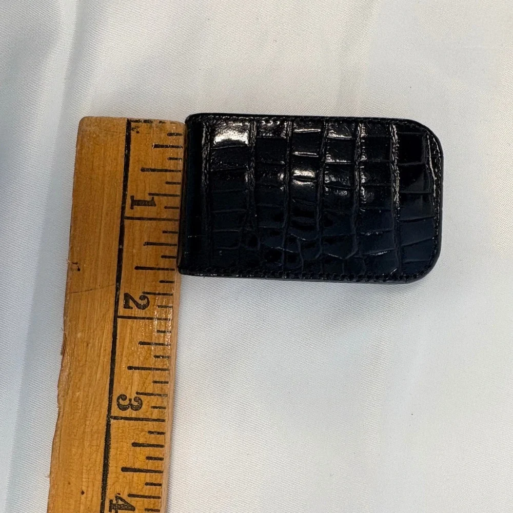 Black Crocodile Embossed Leather Magnetic Money Clip Slim Minimalist OLD MONEY